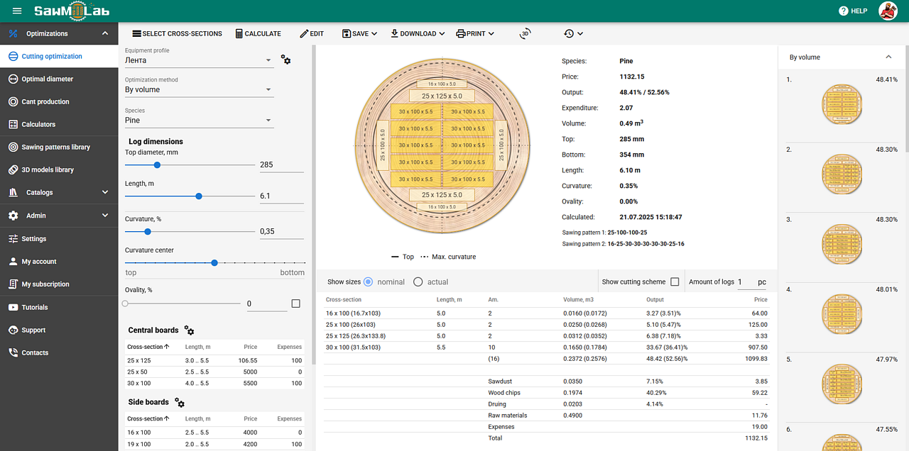 Sawing optimization web-service «SawMillLab»